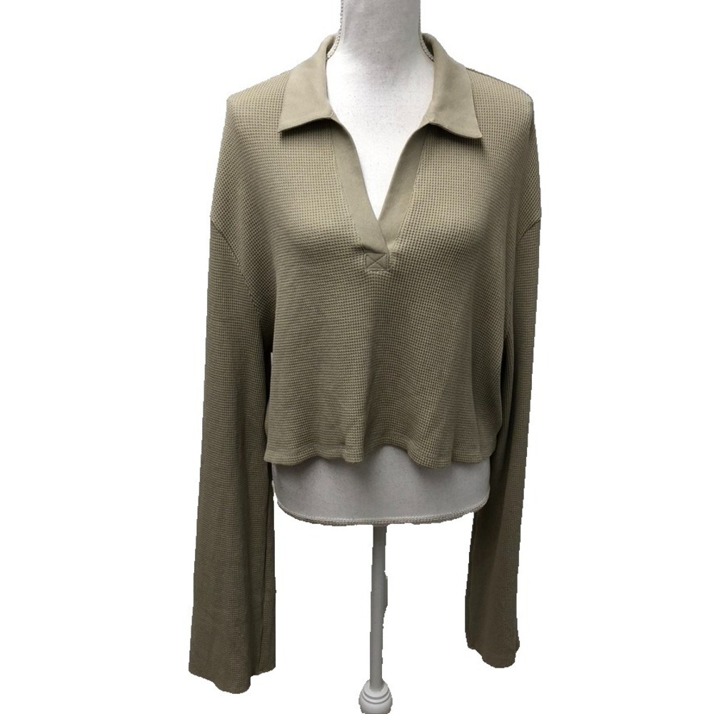 The‎ Range NYC Thermal Cropped Polo Top Womens Large Beige Long Sleeve Urban